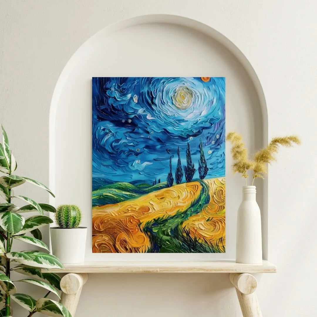Obraz ścienny Van Gogh – pole z żółtą gwiazdą na turkusowym tle