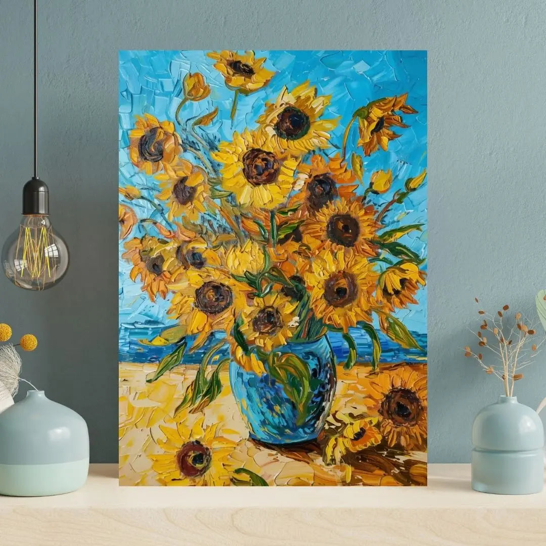 Reprodukcja w stylu Vincenta van Gogha – słoneczniki w klasycznym wazonie na tle ciepłych barw