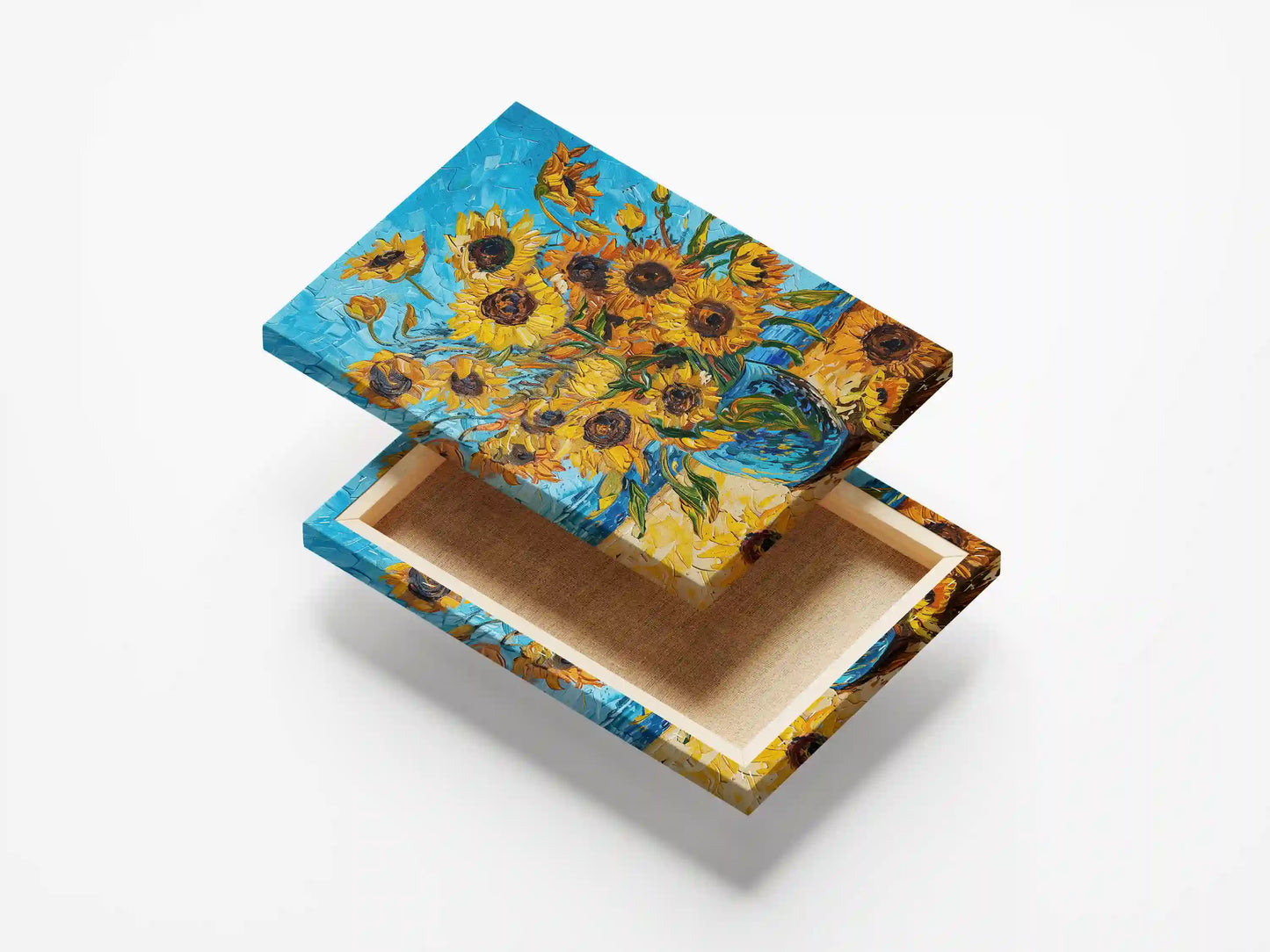Obraz ścienny Van Gogh – słoneczniki w niebieskim wazonie, dynamiczne pociągnięcia pędzla