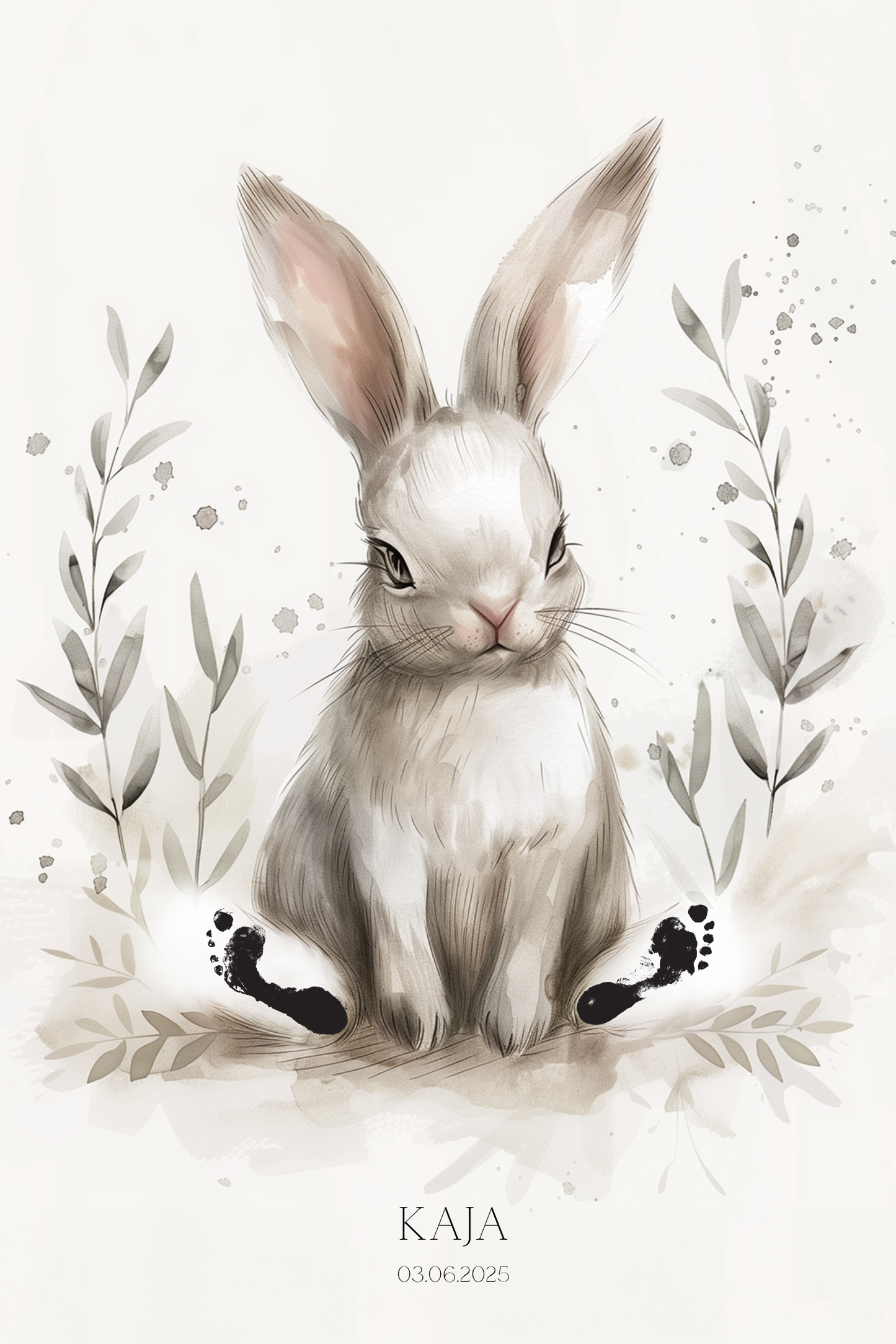Obraz na płótnie — królik z odciskami stópek i personalizacją dla dziecka