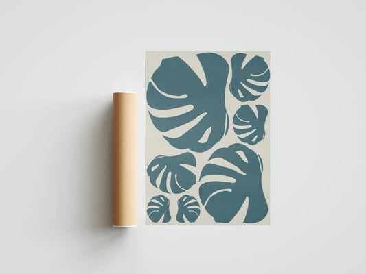 Plakat botaniczny liście monstery Turquoise Blue