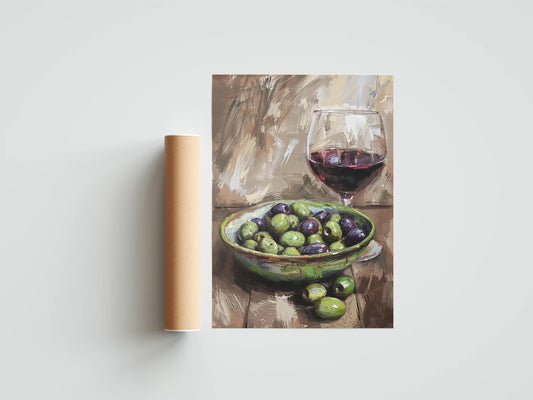 Plakat botaniczny oliwki i wino Olives and wine