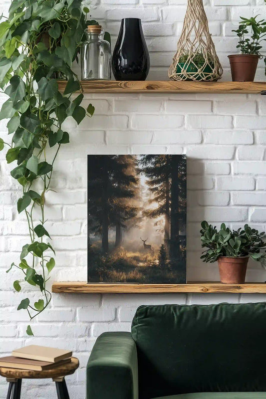 Obraz na płótnie — jeleń w porannej mgle wśród sosen