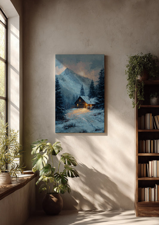 Obraz na płótnie — zimowa chata wśród śnieżnych gór