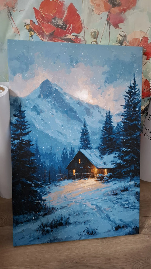 Obraz na płótnie — zimowa chata wśród śnieżnych gór