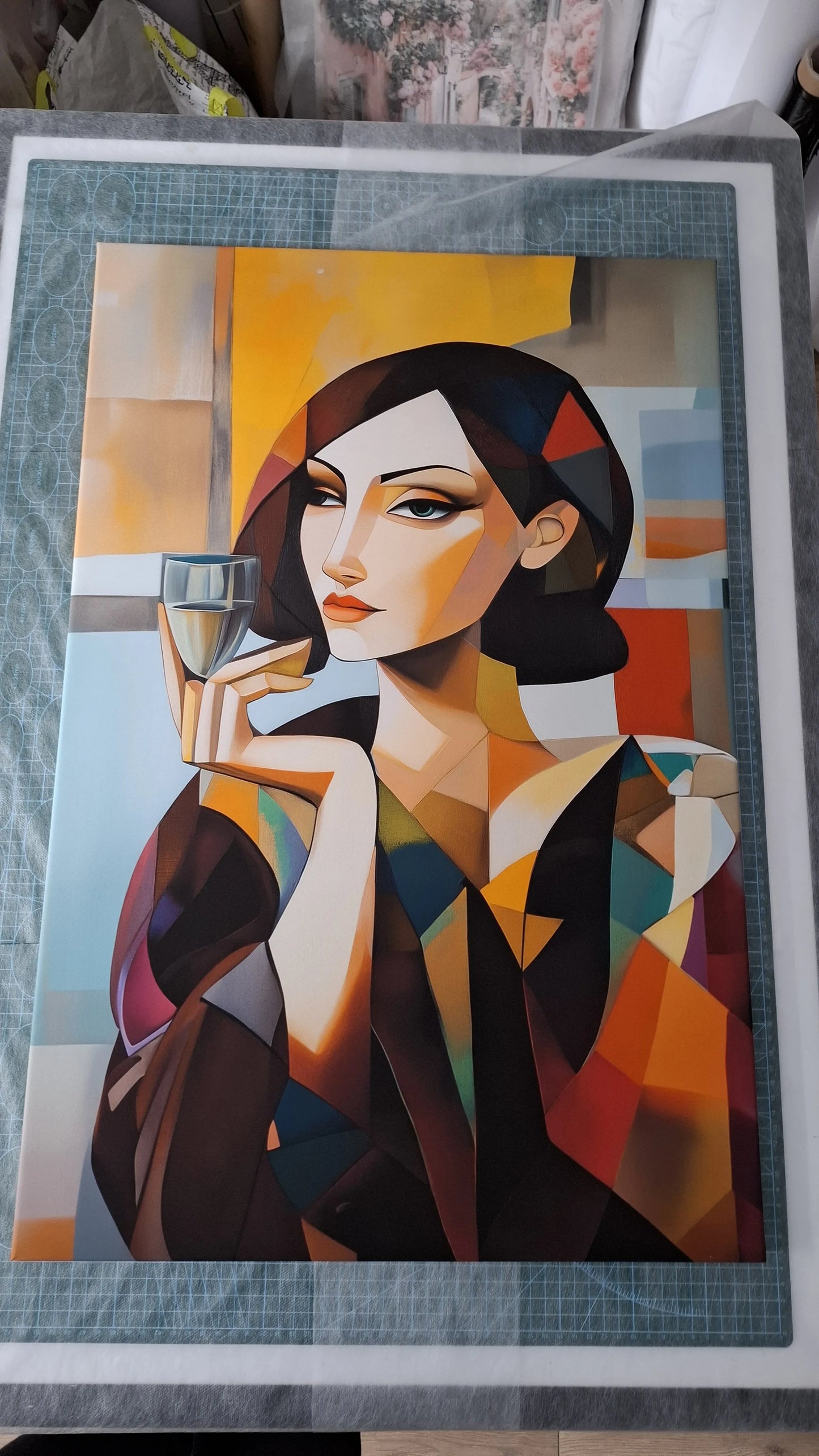 Obraz na płótnie — abstrakcyjny portret z kieliszkiem w stylu kubistycznym