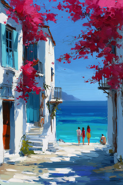 Obraz na płótnie — śródziemnomorska uliczka z bugenwillą i widokiem na morze