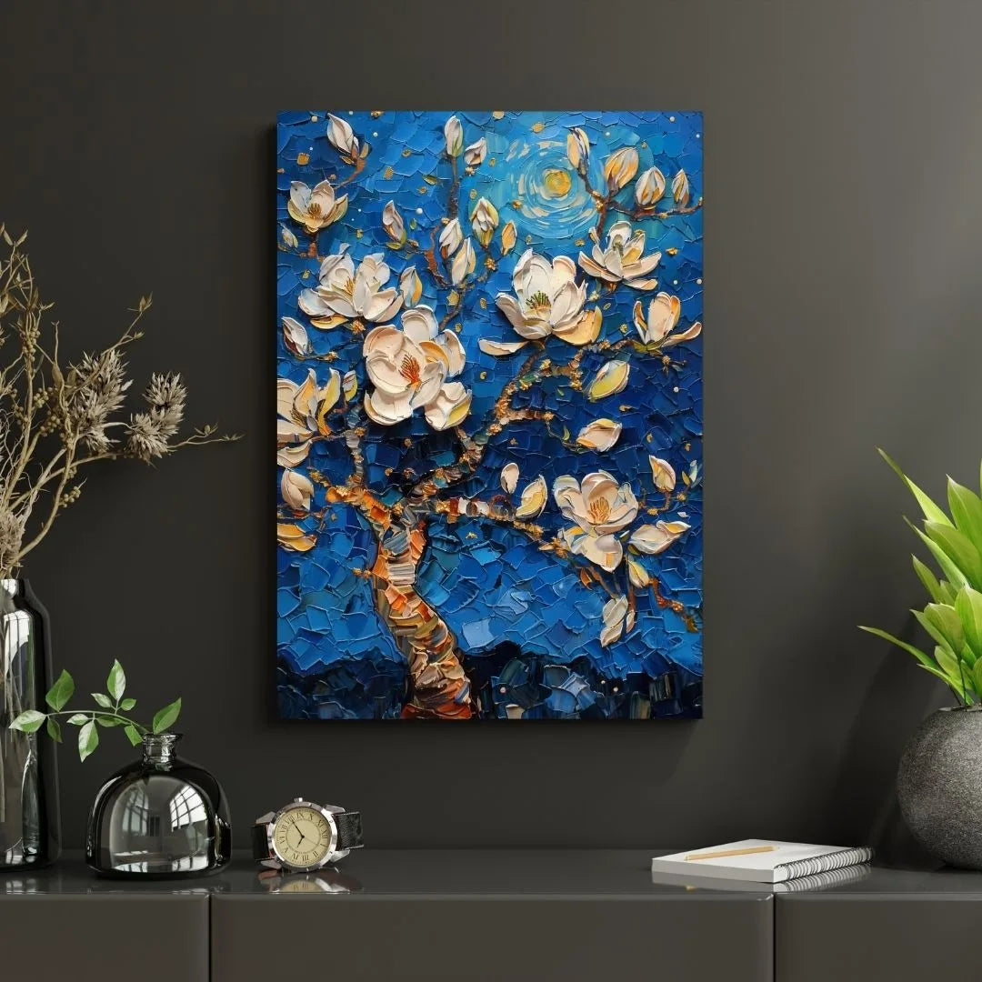 Obraz ścienny Van Gogh – białe kwiaty na niebieskim tle, dynamiczne pociągnięcia pędzla