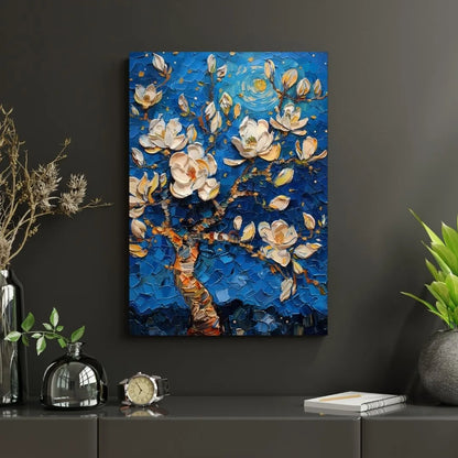 Obraz ścienny Van Gogh – białe kwiaty na niebieskim tle, dynamiczne pociągnięcia pędzla