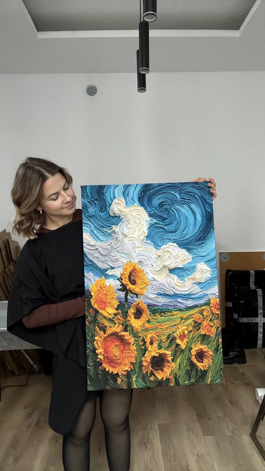 Obraz na płótnie — pole słoneczników, druk w stylu impasto