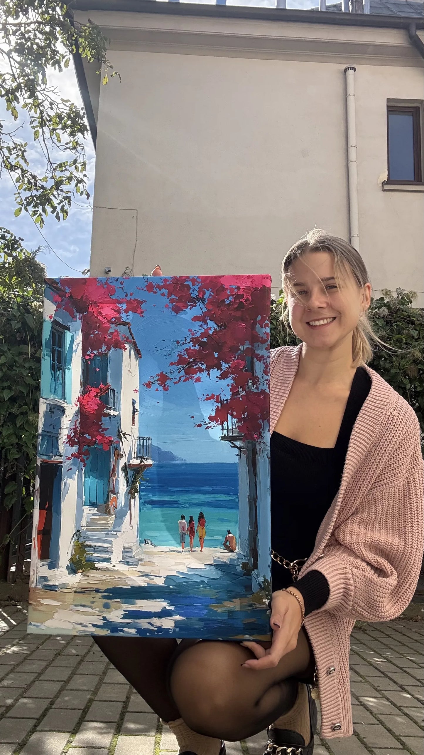 Obraz na płótnie — śródziemnomorska uliczka z bugenwillą i widokiem na morze