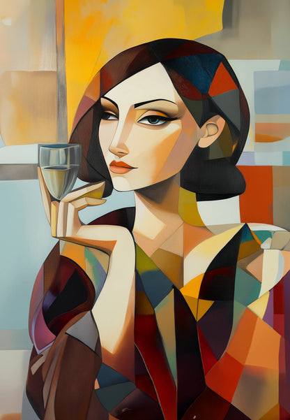 Obraz na płótnie — abstrakcyjny portret z kieliszkiem w stylu kubistycznym