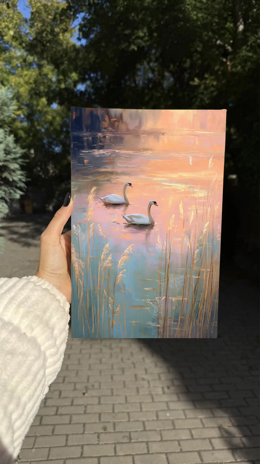 Obraz na płótnie — łabędzie o zachodzie słońca