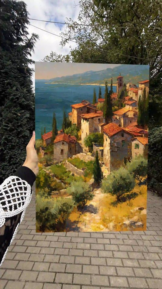 Obraz na płótnie — śródziemnomorska wioska z widokiem na morze