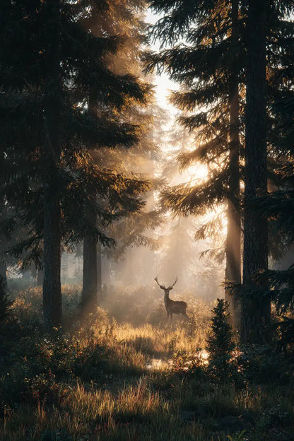 Obraz na płótnie — jeleń w porannej mgle wśród sosen