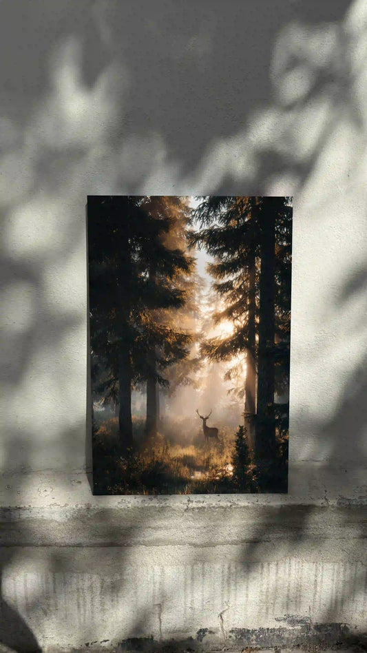 Obraz na płótnie — jeleń w porannej mgle wśród sosen