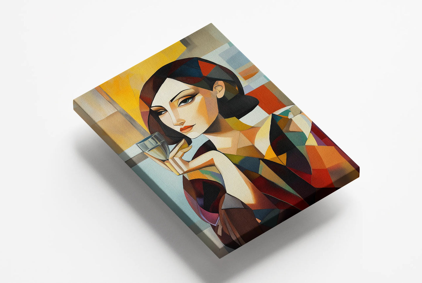 Obraz na płótnie — abstrakcyjny portret z kieliszkiem w stylu kubistycznym