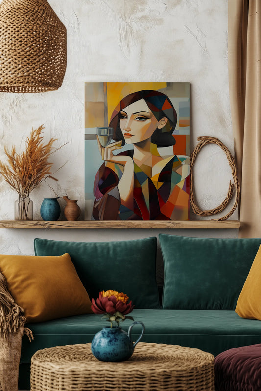 Obraz na płótnie — abstrakcyjny portret z kieliszkiem w stylu kubistycznym