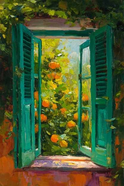 Obraz na płótnie — otwarte okno z widokiem na pomarańczowy sad