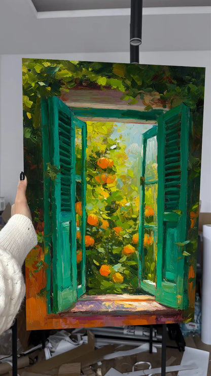 Obraz na płótnie — otwarte okno z widokiem na pomarańczowy sad