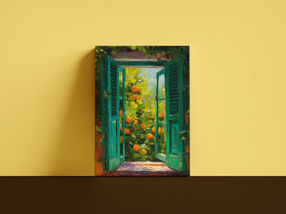 Obraz na płótnie — otwarte okno z widokiem na pomarańczowy sad