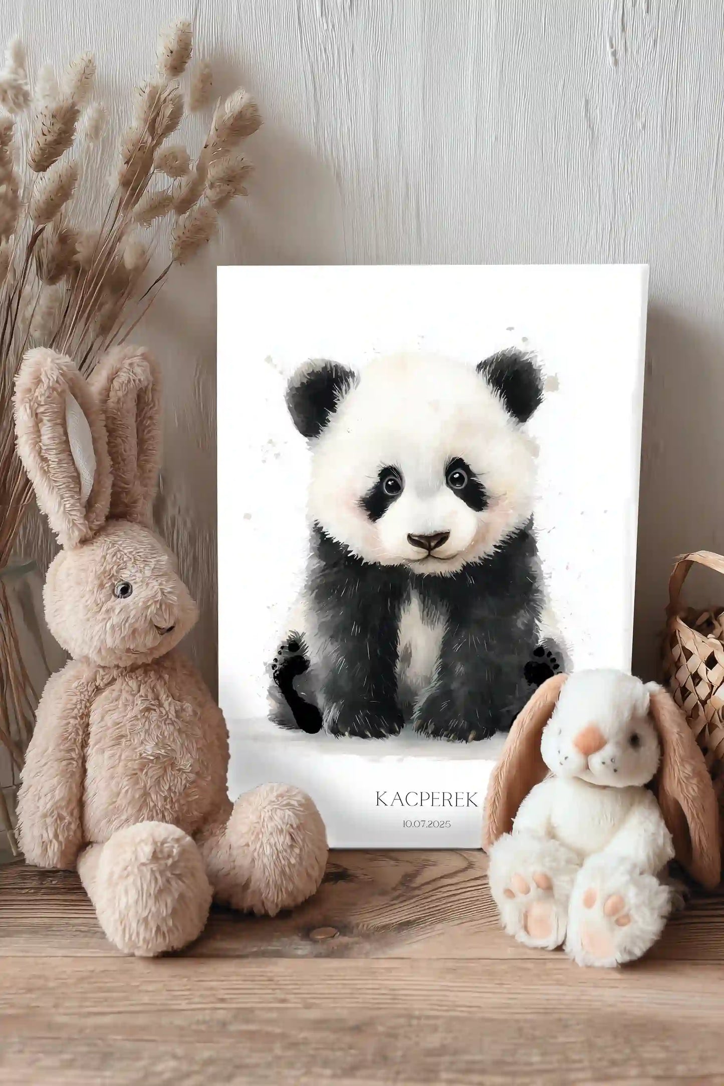 Obraz na płótnie — panda z odciskami stópek i imieniem dziecka 30x45
