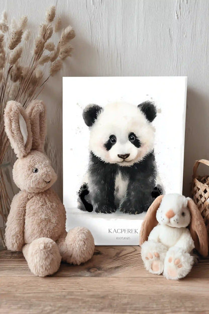 Obraz na płótnie — panda z odciskami stópek i imieniem dziecka 30x45