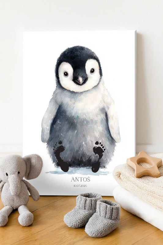 Obraz na płótnie — pingwinek z odciskami stópek i imieniem dziecka
