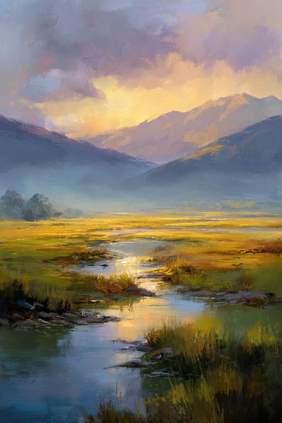 Obraz na płótnie — pejzaż z górami i strumieniem