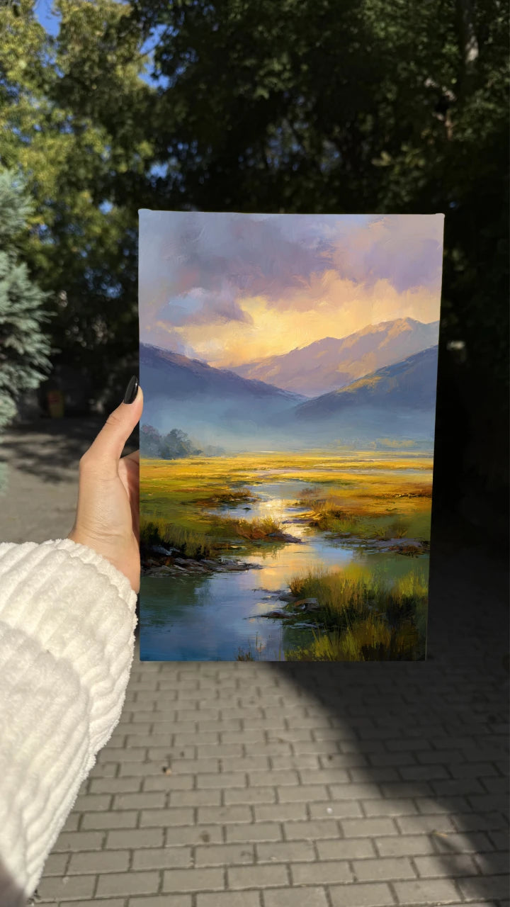 Obraz na płótnie — pejzaż z górami i strumieniem