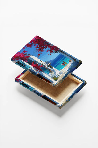 Obraz na płótnie — śródziemnomorska uliczka z bugenwillą i widokiem na morze