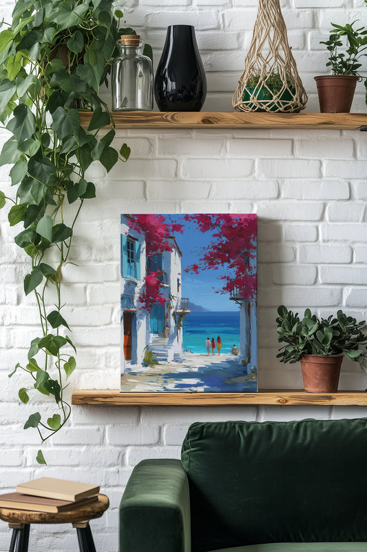 Obraz na płótnie — śródziemnomorska uliczka z bugenwillą i widokiem na morze