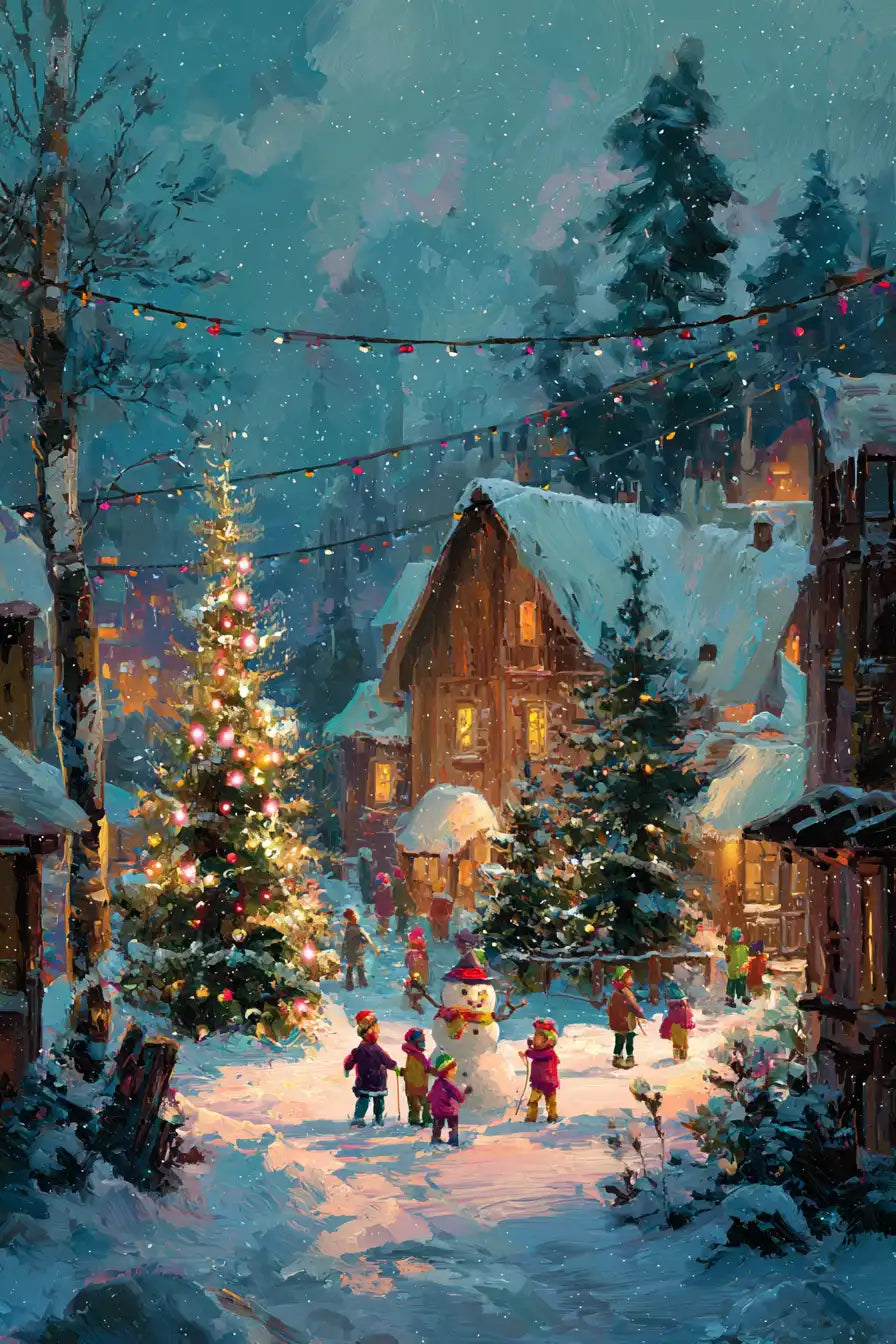 Obraz na płótnie — zimowa scena świąteczna z choinką